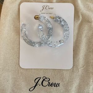 J. Crew Clear Hoop Resin earrings with Silver Flakes Made in Italy. NWT.